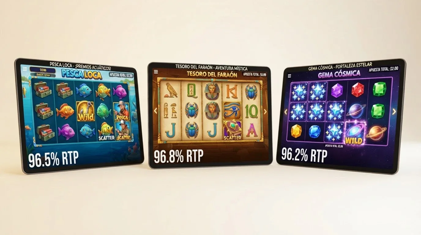 Una cuadrícula de tres carátulas de slots (Big Bass Bonanza, Book of Dead, Starburst) con sus porcentajes de RTP visibles en una esquina
