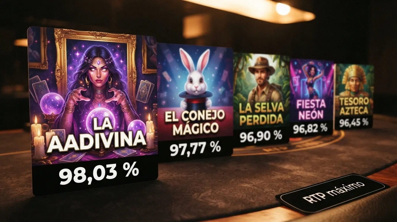 Una fila de carátulas de slots de Big Time Gaming ordenadas de mayor a menor RTP, con Madame Mystique Megaways (98,03%) en primer plano