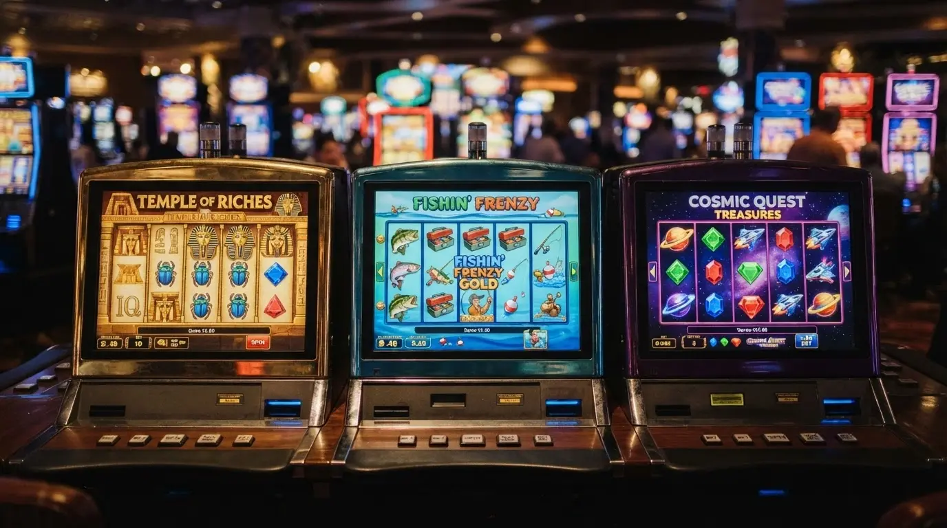 Tres pantallas de slots online con sus carretes y símbolos alineados mostrando diferentes temáticas de juego