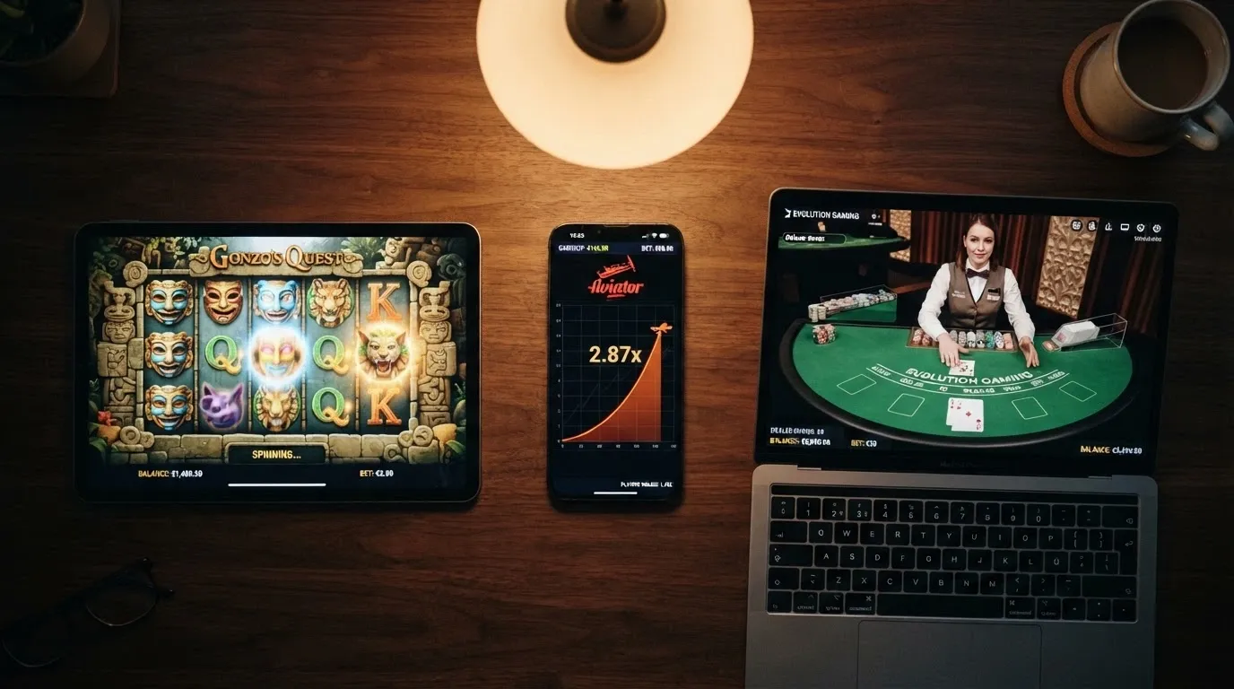 Collage de tres pantallas: una slot con rodillos girando, el multiplicador de un juego crash en ascenso y una mesa de blackjack en vivo con crupier