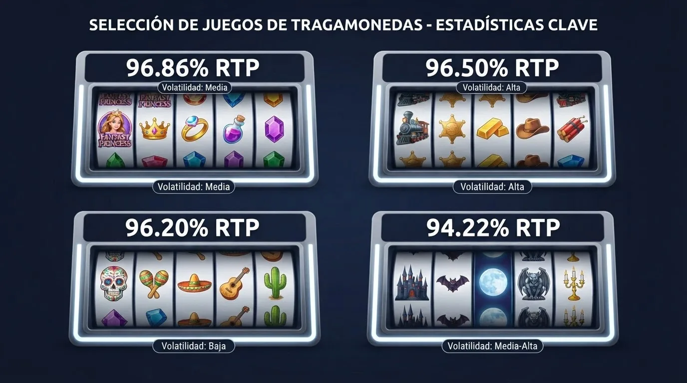 Cuatro tragamonedas populares en vista de carrete con su porcentaje de RTP sobreimpreso en cada una