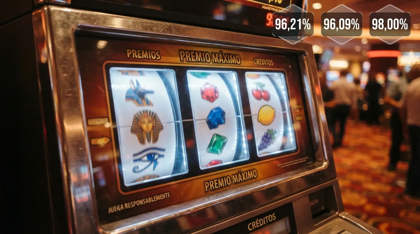 Primer plano de los rodillos de tres slots populares — Book of Dead, Starburst y Blood Suckers — con sus porcentajes de RTP superpuestos en la imagen