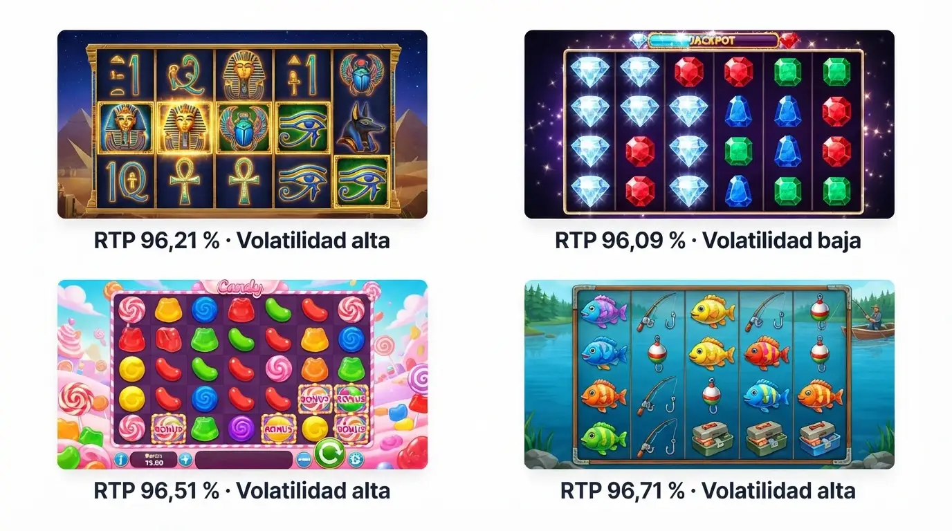 Una cuadrícula con cuatro tragamonedas populares — Book of Dead, Starburst, Sweet Bonanza y Big Bass Splash — con sus porcentajes de RTP visibles sobre cada una