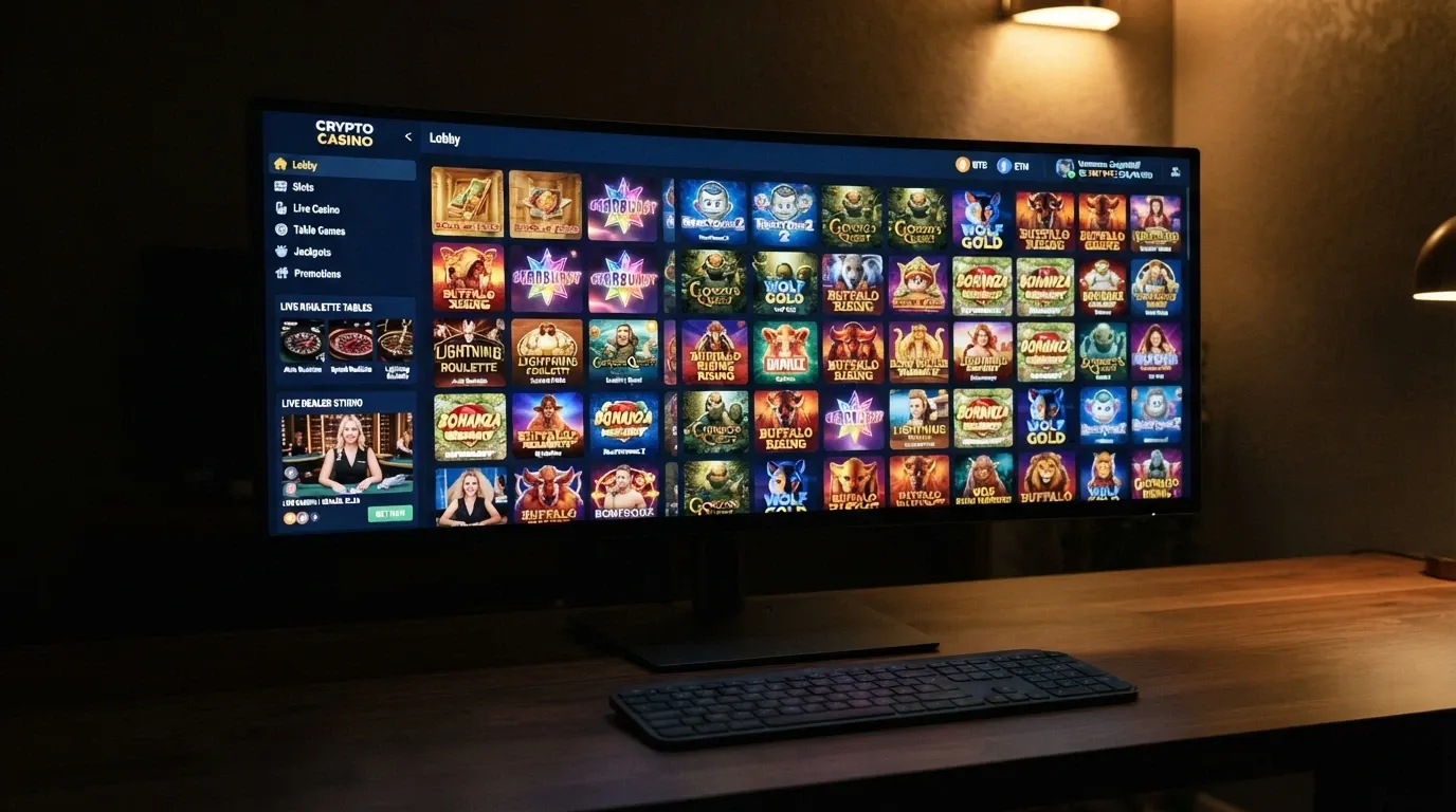 Vestíbulo de un casino online mostrando la cuadrícula de slots, mesas de ruleta y la sección de casino en vivo