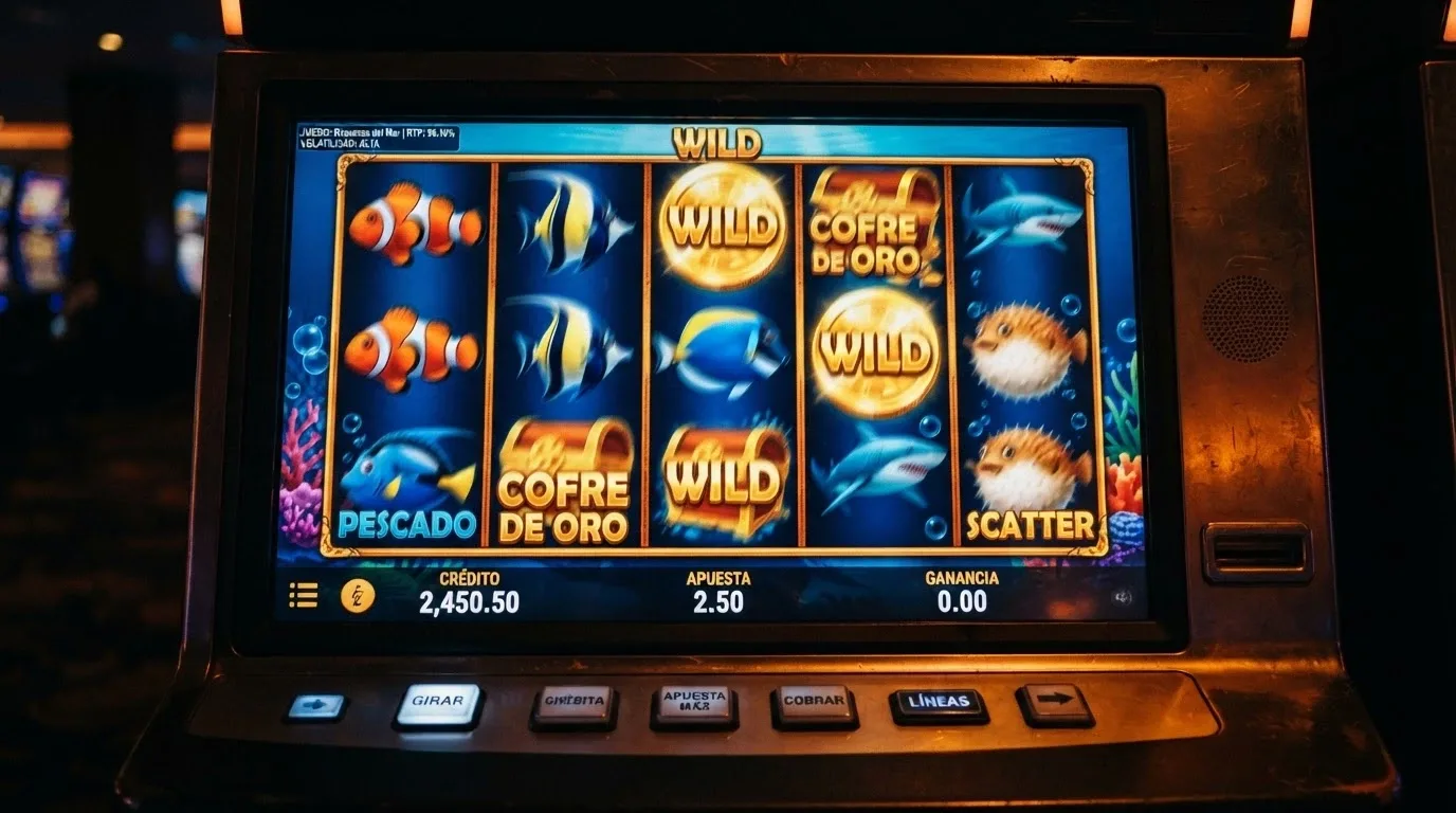 Interfaz de una slot online con los carretes en movimiento y el panel de información mostrando el RTP y la volatilidad del juego