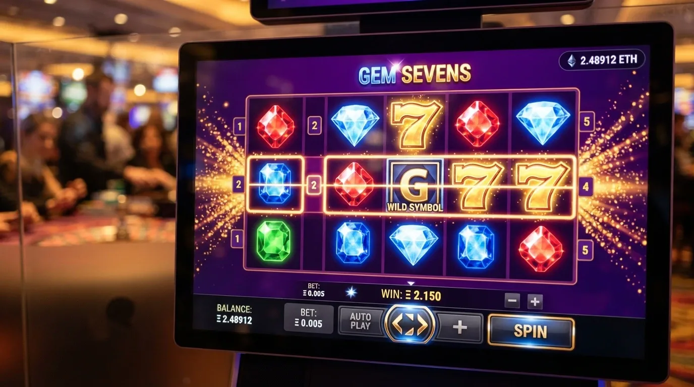 Una pantalla de tragaperras online con rodillos coloridos detenidos en una combinación ganadora; en la esquina superior, el logo de BNB junto al saldo en criptomoneda. Al fondo, la silueta de una mesa de casino en vivo.