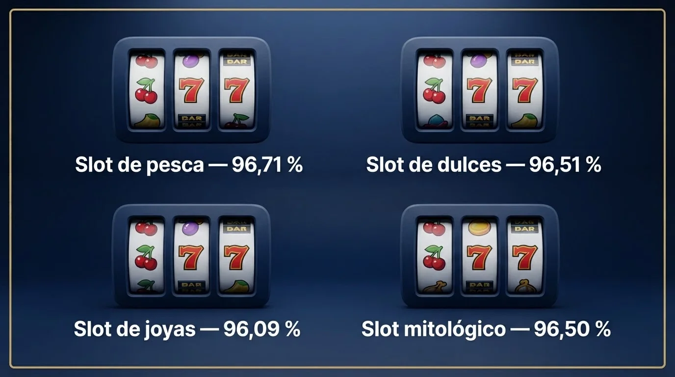 Cuadrícula con carátulas de slots populares (Big Bass Splash, Book of Dead, Sweet Bonanza, Gates of Olympus) y sus porcentajes RTP superpuestos