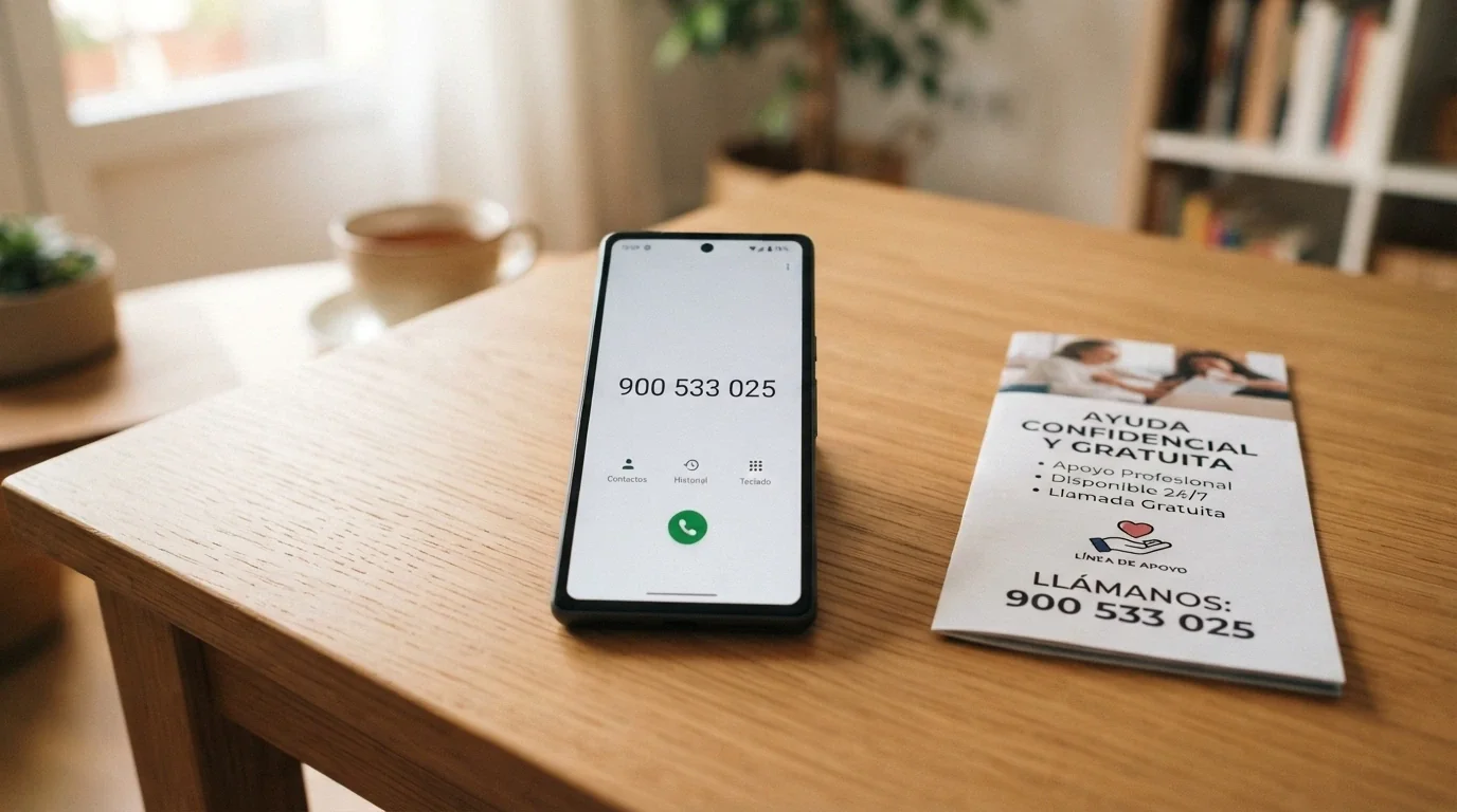 Un teléfono móvil mostrando el número 900 533 025 en la pantalla de marcación junto a un folleto de FEJAR