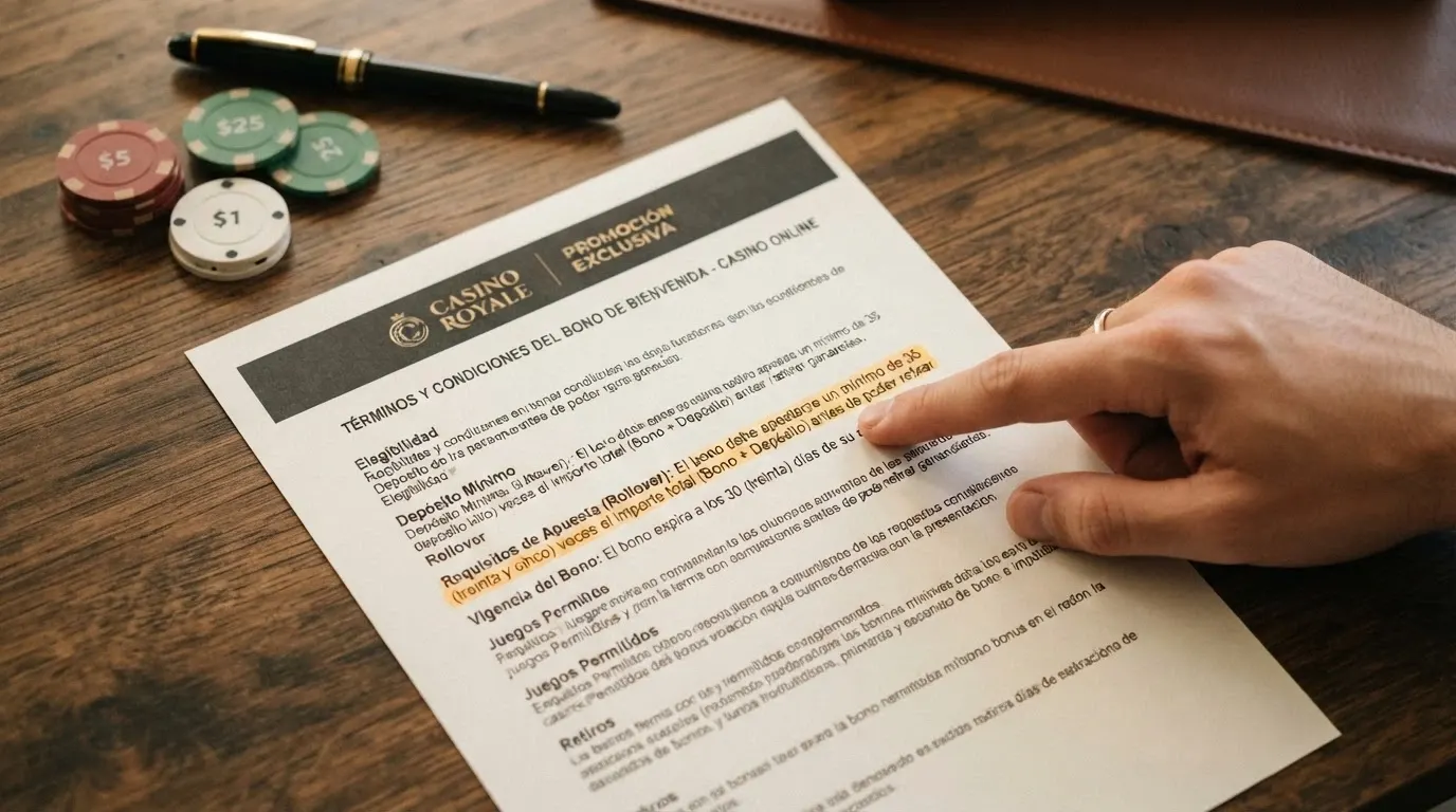 Captura de los términos y condiciones de un bono de casino con el requisito de apuesta resaltado y el plazo de validez visible