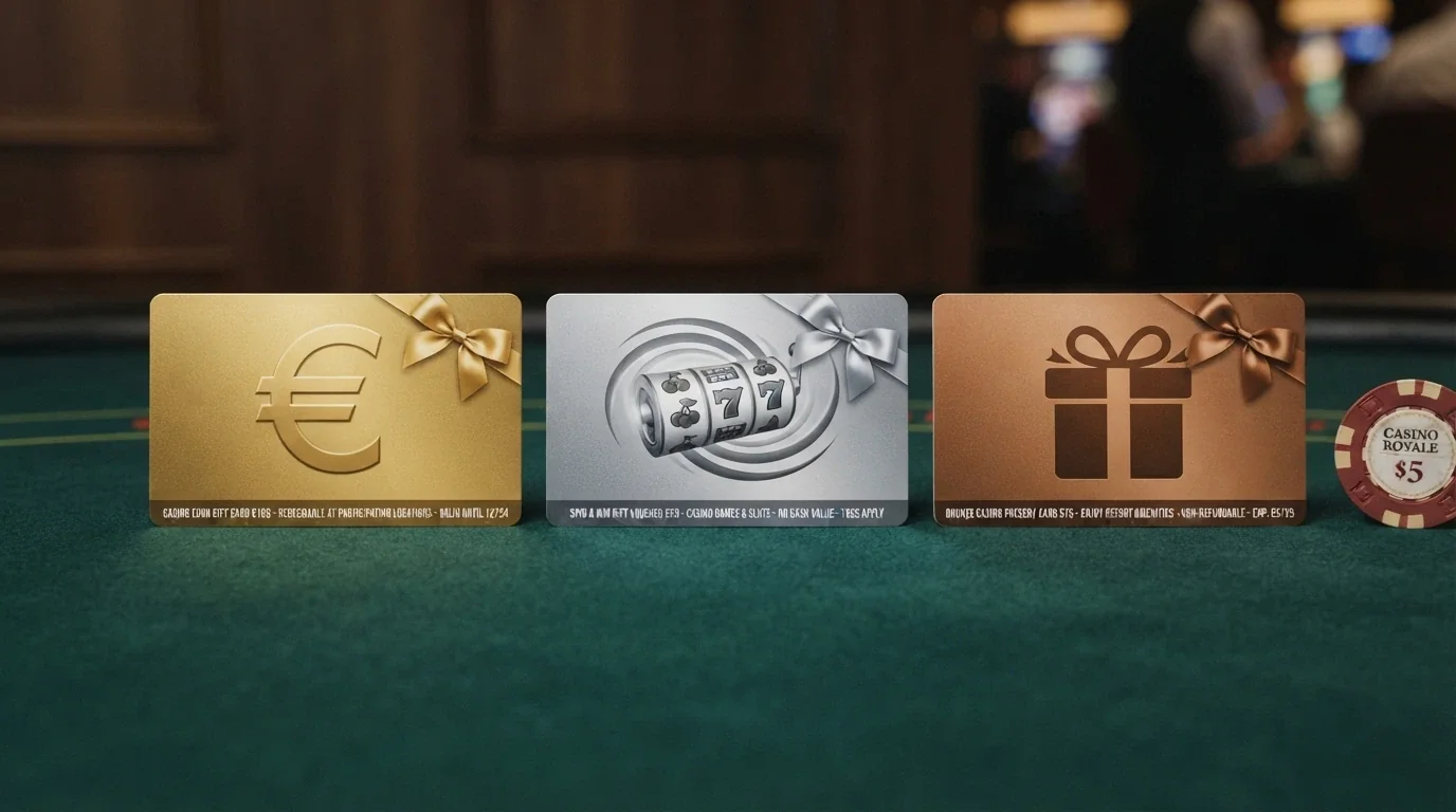 Tres tarjetas de regalo sobre una mesa de casino con los símbolos de saldo de bono, tiradas gratis y un regalo sorpresa, cada una con condiciones distintas en letra pequeña visible