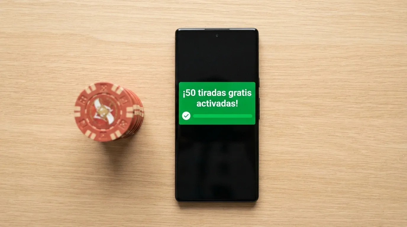 Mano sujetando un móvil con la pantalla de verificación de cuenta completada y una notificación de «50 tiradas gratis activadas»