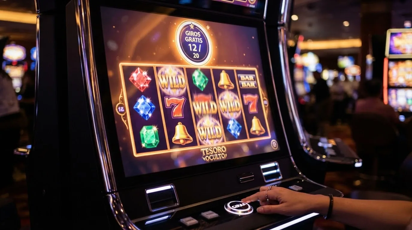 Interfaz de una slot online con el contador de tiradas gratis activo junto a rodillos girando