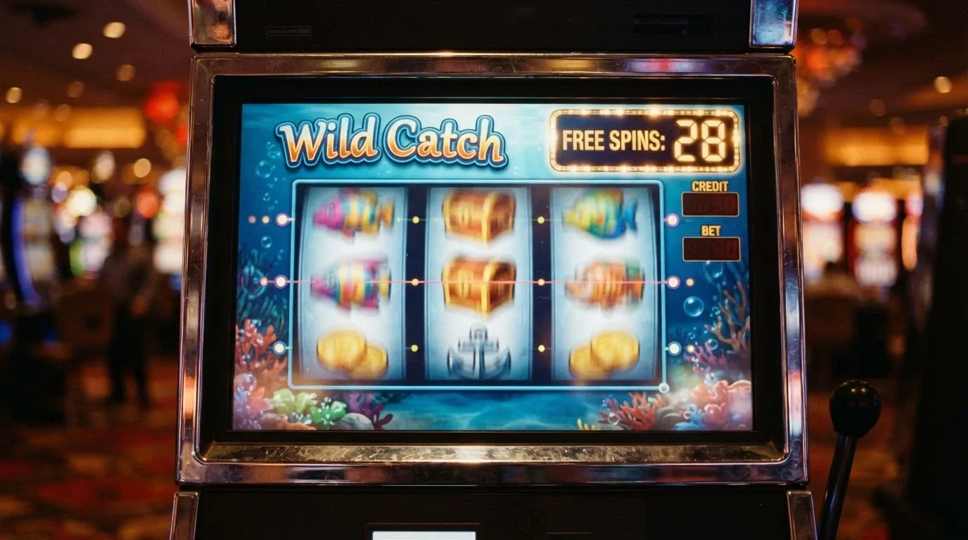 Primer plano de una pantalla de slot con el contador de tiradas gratis activo y el rodillo a punto de detenerse, ambiente de sala de juego con luz cálida