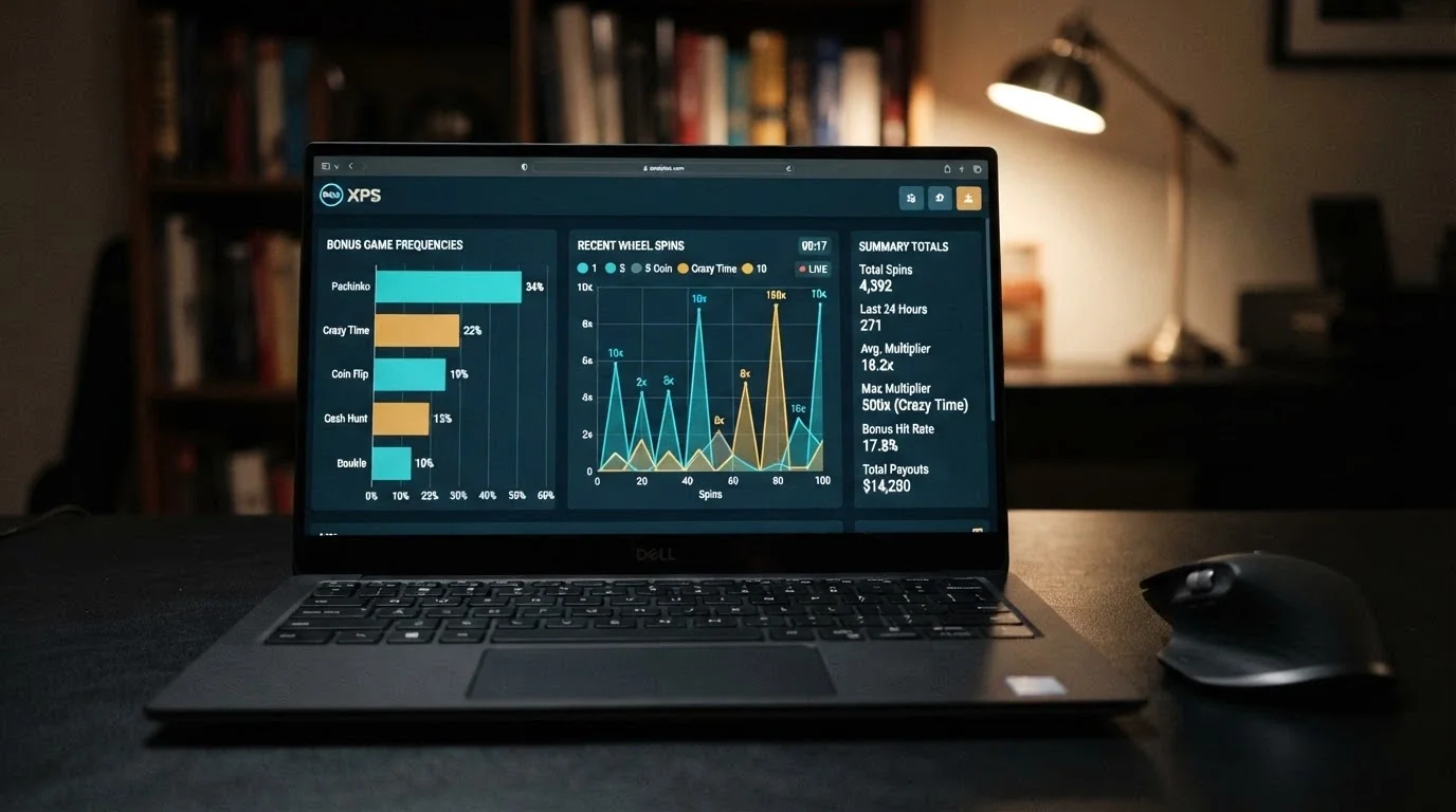 Pantalla de una herramienta de estadísticas de Crazy Time mostrando gráficos de frecuencia de bonus e historial de resultados recientes