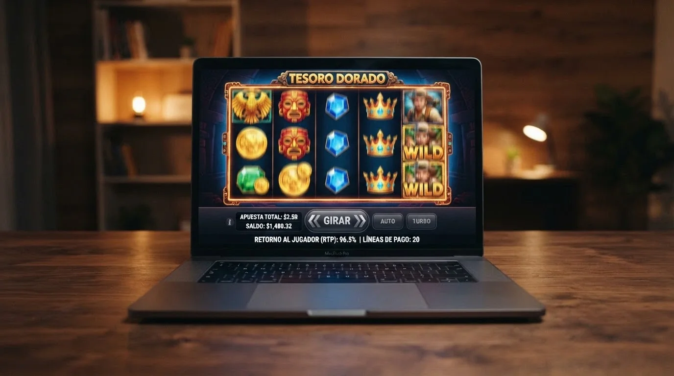 Primer plano de una tragaperras online con los carretes girando y el panel de RTP y líneas de pago visible