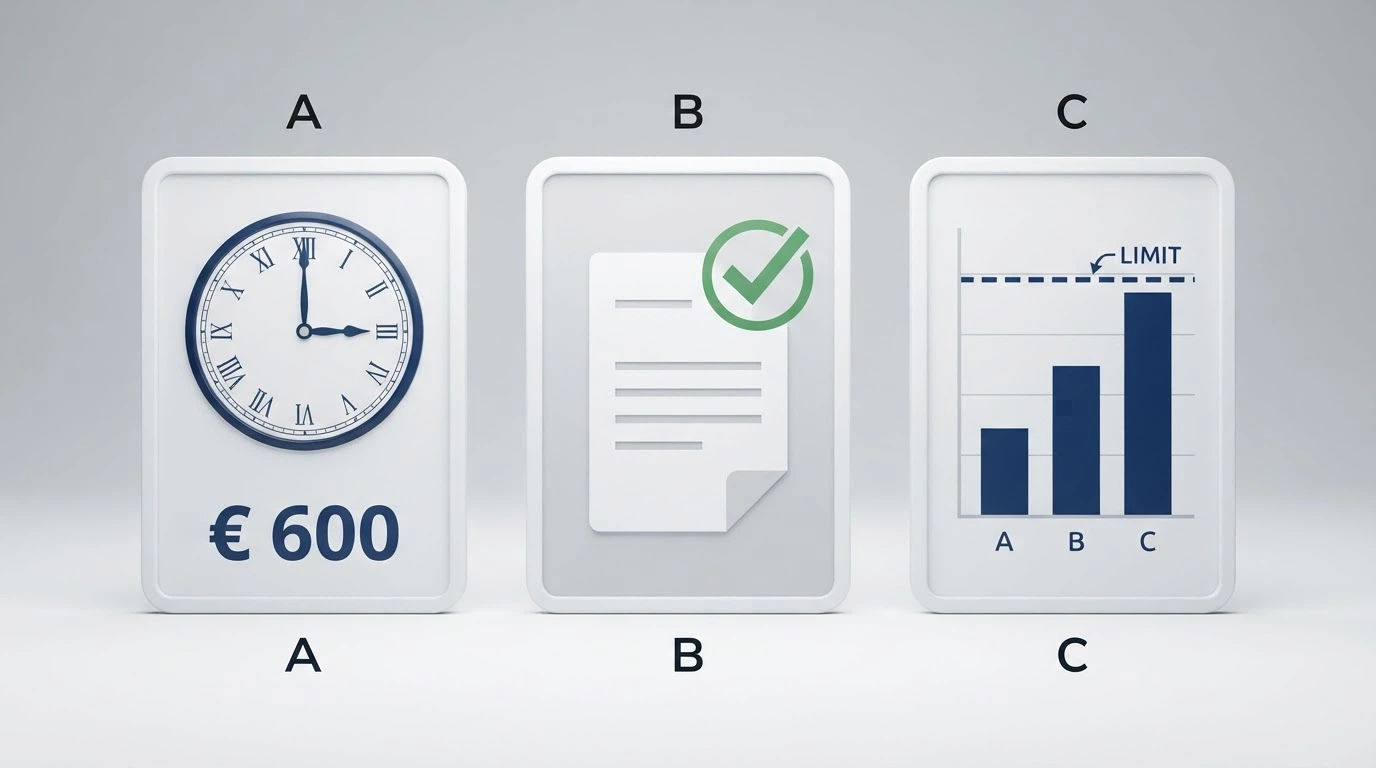 Tres columnas visuales que representan los tres tipos de límite: un reloj con la cifra 600 €, un documento de identidad con un marcador de verificación y un gráfico de retirada con un tope