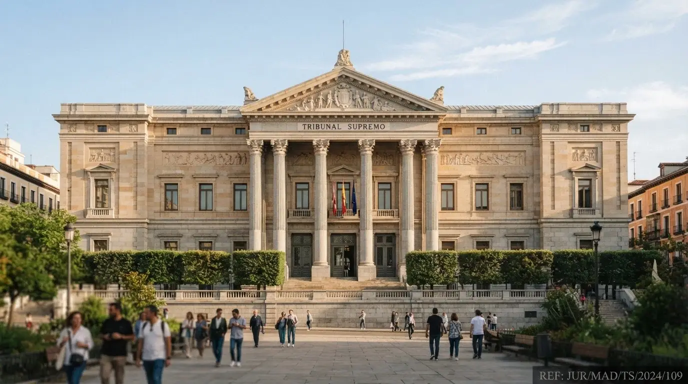 Fachada de la sede del Tribunal Supremo en Madrid con sobreimpresión de una referencia al BOE-A-2024-10500