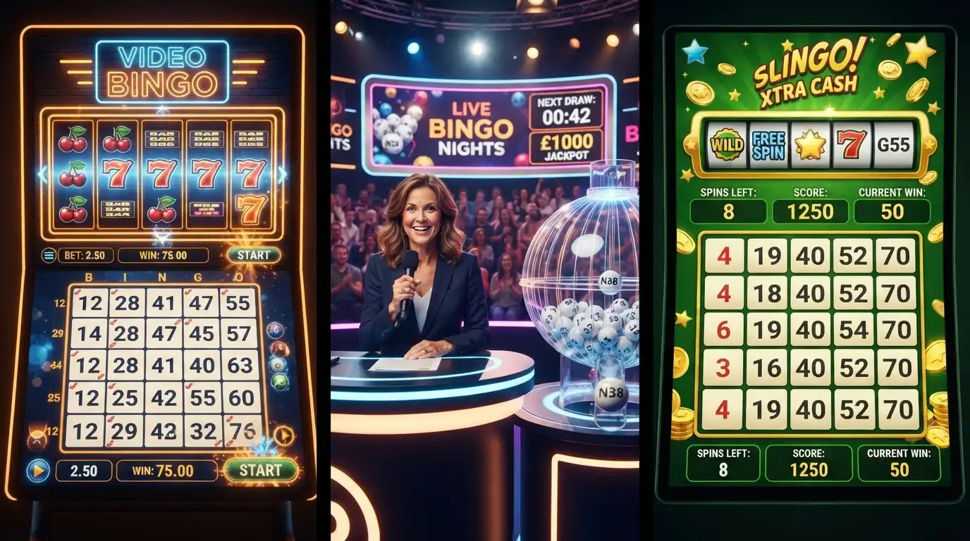 Collage con tres pantallas: un video bingo de Pragmatic Play, una sala de bingo en vivo con presentador y un juego de Slingo