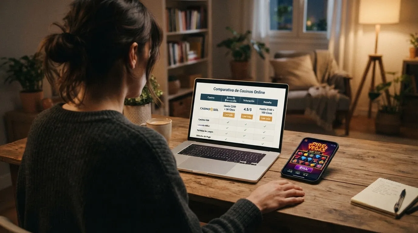 Un jugador consulta el móvil junto a un portátil con la web de un casino, comparando opciones