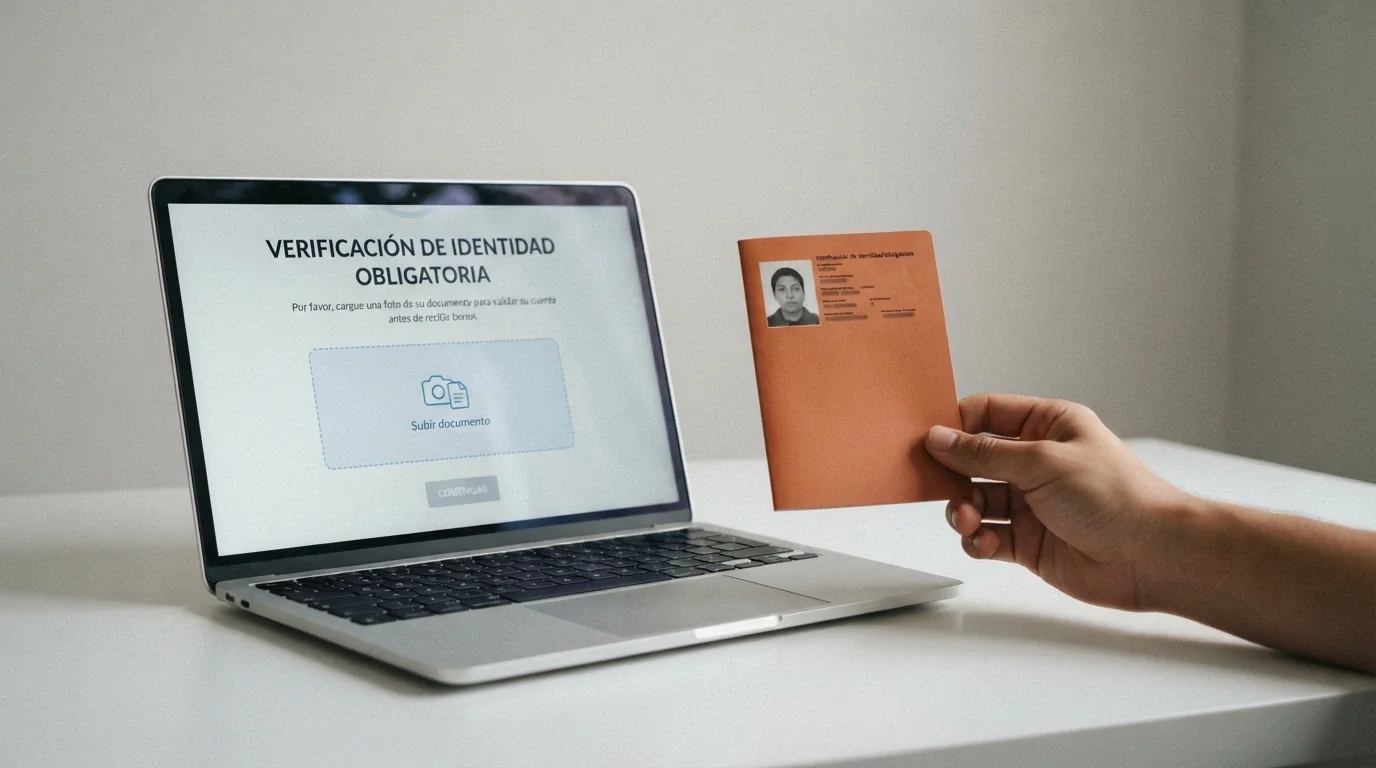 Una mano sostiene un documento de identidad junto a la pantalla de un ordenador con el formulario de verificación de un casino