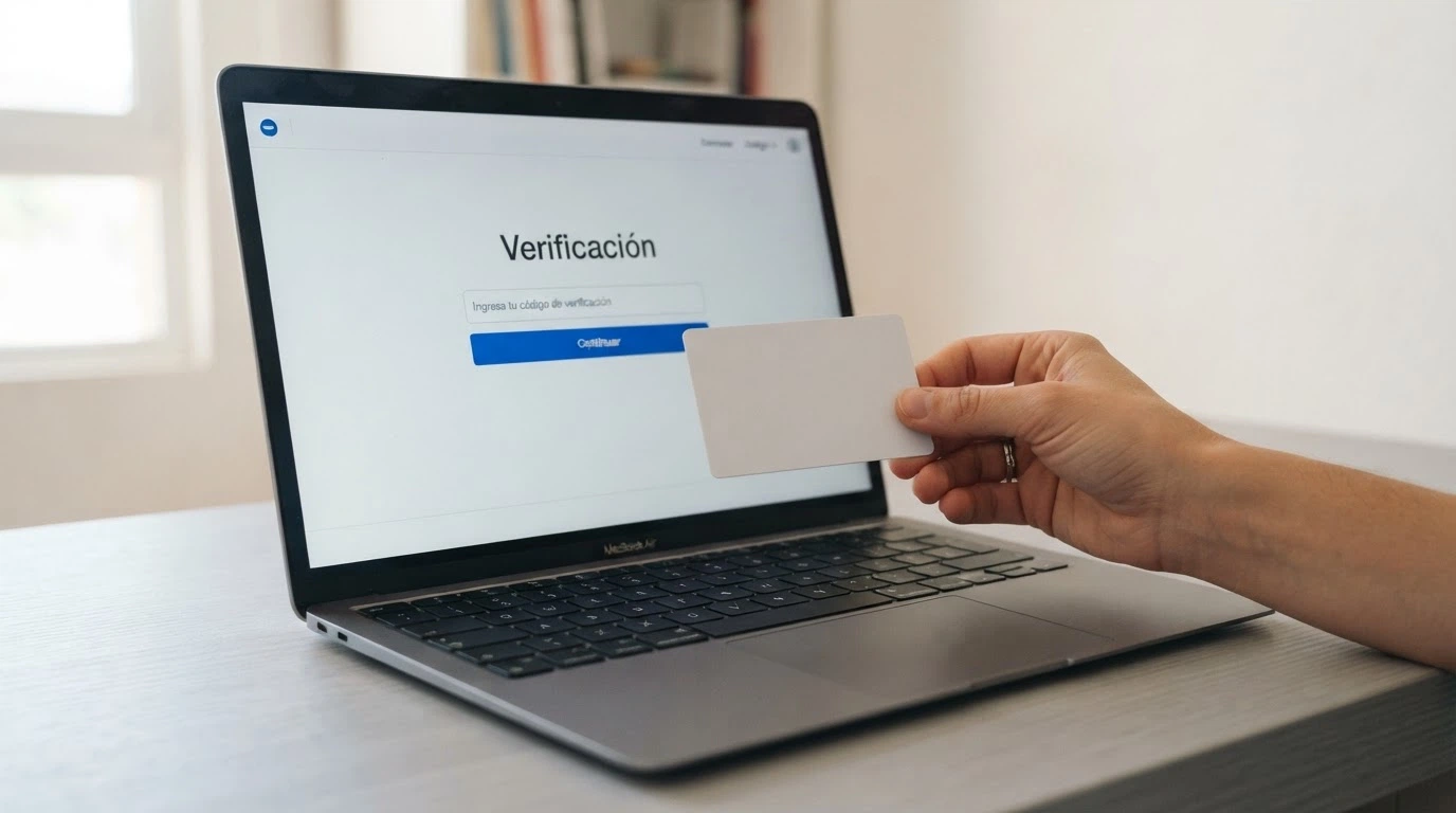 Una mano sujetando un DNI español frente a la pantalla de un ordenador con la interfaz de verificación de un casino
