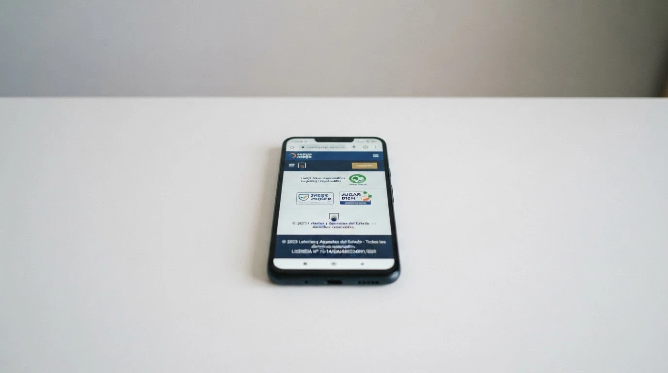 Un teléfono muestra el pie de página de un casino online donde se lee el número de licencia DGOJ junto al dominio .es resaltado en la barra del navegador