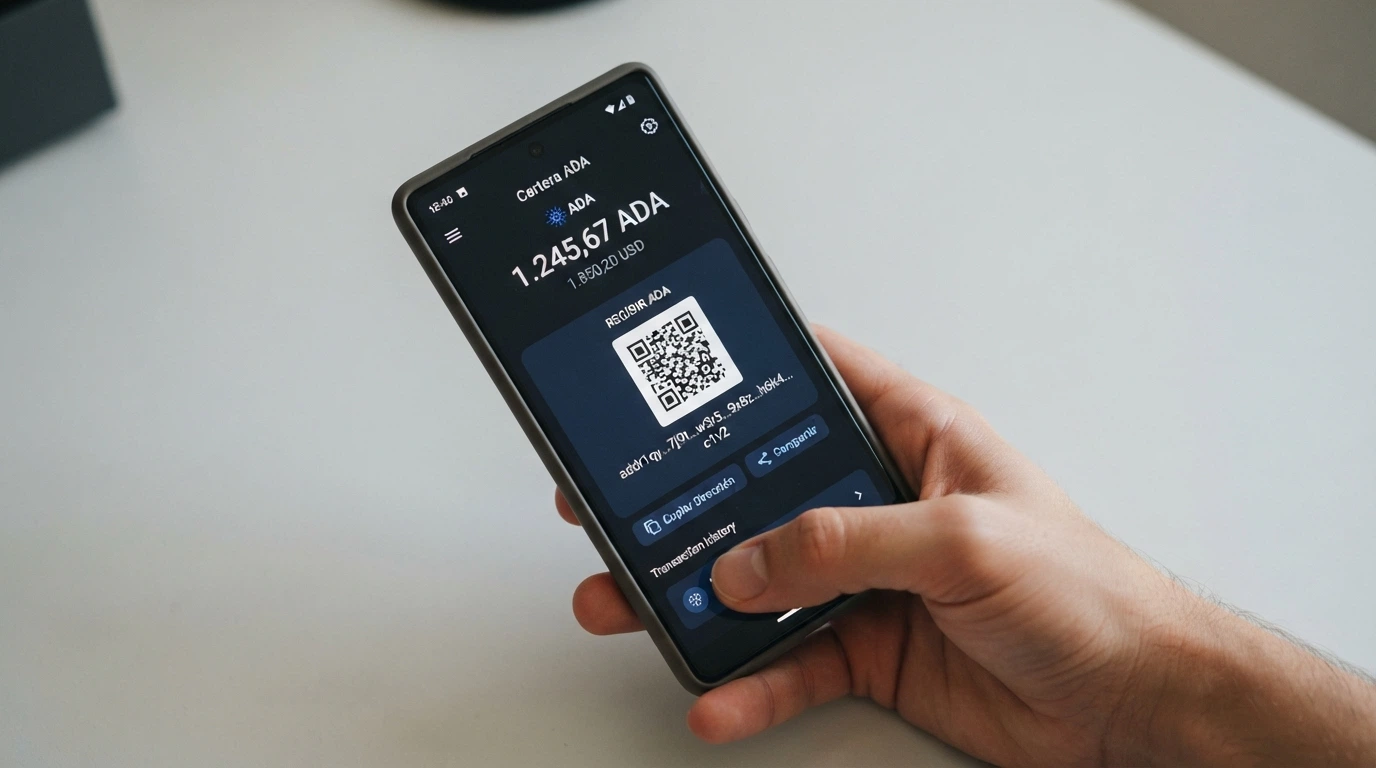 Pantalla de una wallet de Cardano mostrando el saldo en ADA y la dirección de envío hacia un casino online.